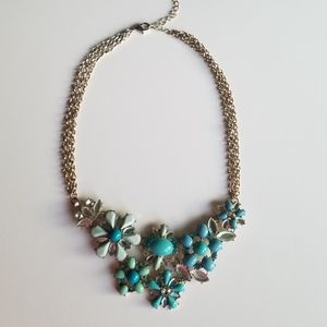 Blue/Teal Floral, Chunky, Gold, Statement Necklace